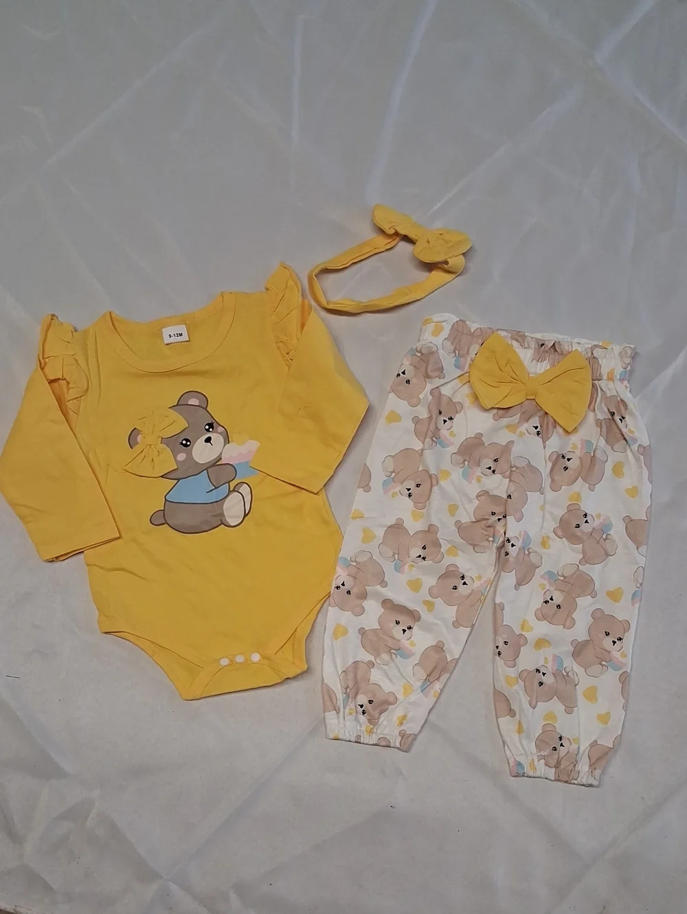 NWT Yellow Baby Bear Bodysuit & Bear Print Pants Set with Headband